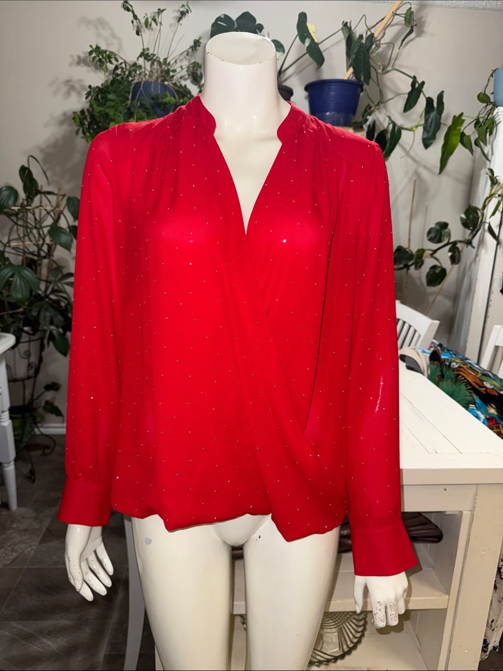 INC International Red Long-Sleeve with silver Sparkle Wrap Blouse size 12
